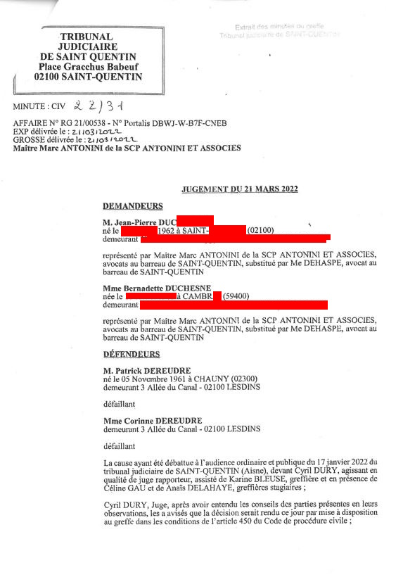 Pièce N°5b) Page 2 sur 7 AFFAIRE CRIMINELLE «MES CHERS VOISINS» SIGNIFICATION DE JUGEMENT, Violences, Extorsion de Fonds, Tentative Extorsion de Fonds, Maître Marc ANTONINI à l'œuvre et ce avec la bénédiction de nos Institutions www.jesuispatrick.fr