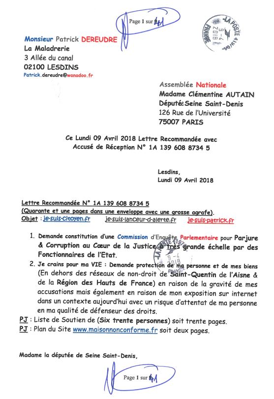 Ma lettre recommandée du 02 Octobre 2018 N° 1A 143 316 6265 3  adressée à Madame Barbara POMPILI Députée de la Somme NON ASSISTANCE A PERSONNE EN DANGER www.jesuispatrick.fr www.jesuisvictime.fr www.jenesuispasunchien.fr