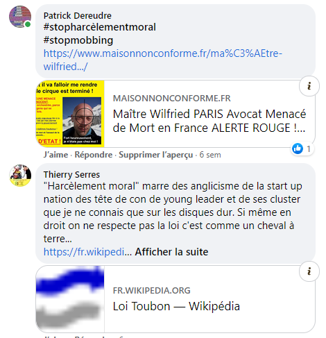 Facebook WIL PIRS Maître Wildfried PARIS AVOCAT DISSISENT Menacé de mort en FRANCE www.jesuispatrick.fr ALERTE ROUGE www.alerterouge-france.fr