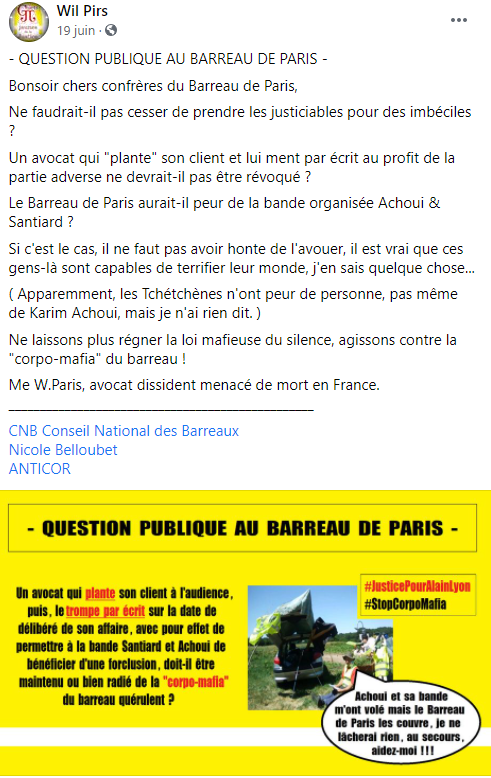 Facebook WIL PIRS Maître Wildfried PARIS AVOCAT DISSISENT Menacé de mort en FRANCE www.jesuispatrick.fr ALERTE ROUGE www.alerterouge-france.fr