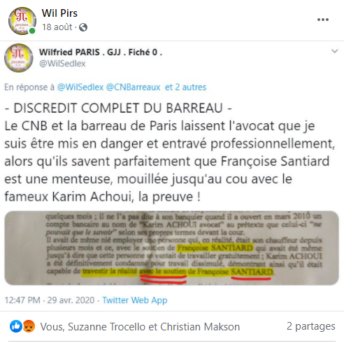 Facebook WIL PIRS Maître Wildfried PARIS AVOCAT DISSISENT Menacé de mort en FRANCE www.jesuispatrick.fr ALERTE ROUGE www.alerterouge-france.fr