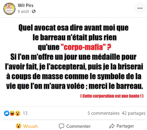 Facebook WIL PIRS Maître Wildfried PARIS AVOCAT DISSISENT Menacé de mort en FRANCE www.jesuispatrick.fr ALERTE ROUGE www.alerterouge-france.fr