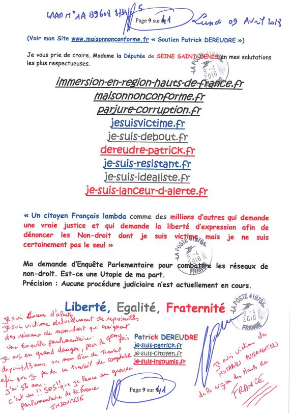 Ma lettre recommandée du 09 Avril 2018 N° 1A 139 608 8734 5  adressée à Madame Clémentine AUTAIN Députée  NON ASSISTANCE A PERSONNE EN DANGER www.jesuispatrick.fr www.jesuisvictime.fr www.jenesuispasunchien.fr