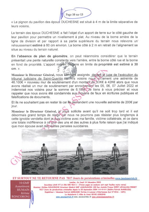 7d)NON ASSISTANCE A PERSONNES EN DANGER 10 sur 13 GMF ASSURANCES ASSURÉMENT HUMAIN !!! NON ASSISTANCE A PERSONNES EN DANGER Ma 2ème LRAR du 14 Décembre 2023 adressée en vain  à Monsieur Eric RONCORONI le Directeur Général de GMF ASSURANCES