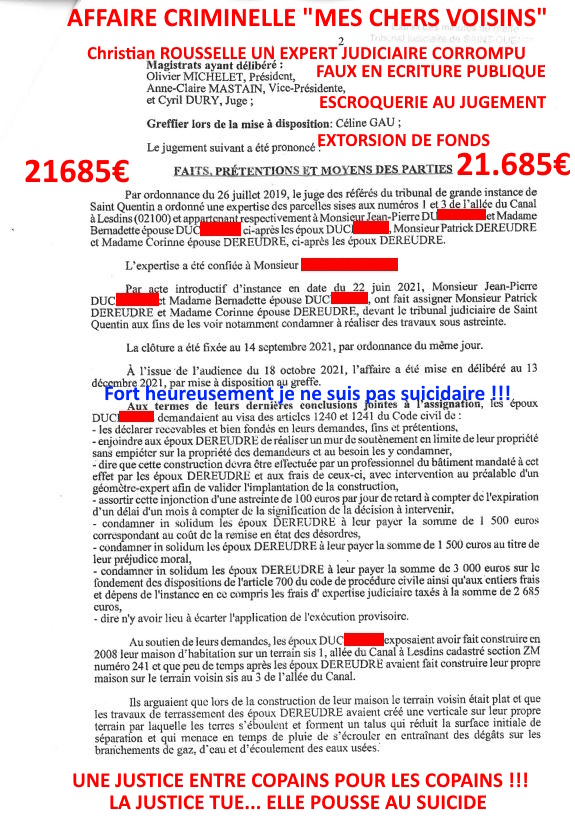 Pièce N°5b) Page 3 sur 7 AFFAIRE CRIMINELLE «MES CHERS VOISINS» SIGNIFICATION DE JUGEMENT, Violences, Extorsion de Fonds, Tentative Extorsion de Fonds, Maître Marc ANTONINI à l'œuvre et ce avec la bénédiction de nos Institutions www.jesuispatrick.fr