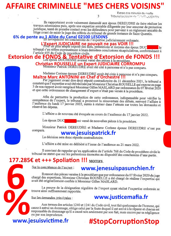 Pièce N°6c) Page 103sur134 AFFAIRE CRIMINELLE «MES CHERS VOISINS» SIGNIFICATION DE JUGEMENT, Violences, Extorsion de Fonds, Tentative Extorsion de Fonds, Maître Marc ANTONINI à l'œuvre et ce avec la bénédiction de nos Institutions www.jesuispatrick.fr