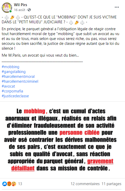 Facebook WIL PIRS Maître Wildfried PARIS AVOCAT DISSISENT Menacé de mort en FRANCE www.jesuispatrick.fr ALERTE ROUGE www.alerterouge-france.fr