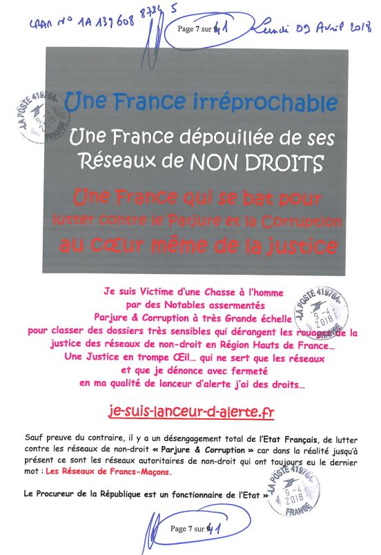 Ma lettre recommandée du 02 Octobre 2018 N° 1A 143 316 6265 3  adressée à Madame Barbara POMPILI Députée de la Somme NON ASSISTANCE A PERSONNE EN DANGER www.jesuispatrick.fr www.jesuisvictime.fr www.jenesuispasunchien.fr