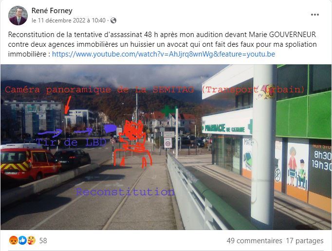 Monsieur René FORNEY Victime d'une tentative d'assassinat le Samedi 12 Novembre 2022 vers 15h50 sur le pont de CATANE côté SEYSSINET (38170). Il accuse les Milieux de la Corruption dans les Institutions du CARTEL GRENOBLOIS  (Justice, Police, Immobilier) 