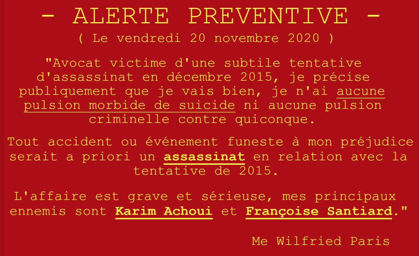 Facebook WIL PIRS Maître Wildfried PARIS AVOCAT DISSISENT Menacé de mort en FRANCE www.jesuispatrick.fr ALERTE ROUGE www.alerterouge-france.fr