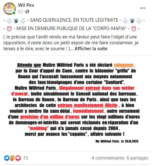 Facebook WIL PIRS Maître Wildfried PARIS AVOCAT DISSISENT Menacé de mort en FRANCE www.jesuispatrick.fr ALERTE ROUGE www.alerterouge-france.fr