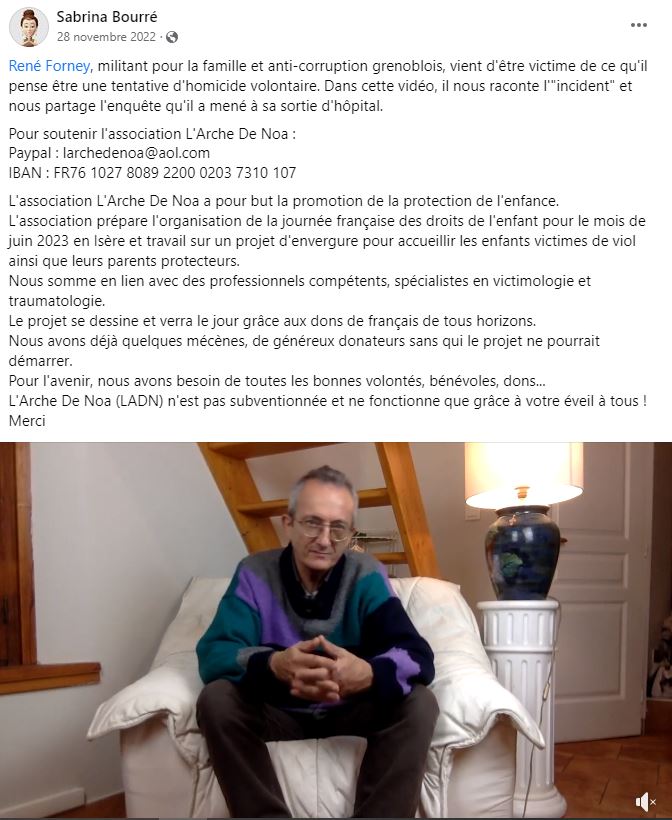 Monsieur René FORNEY Victime d'une tentative d'assassinat le Samedi 12 Novembre 2022 vers 15h50 sur le pont de CATANE côté SEYSSINET (38170). Il accuse les Milieux de la Corruption dans les Institutions du CARTEL GRENOBLOIS  (Justice, Police, Immobilier) 