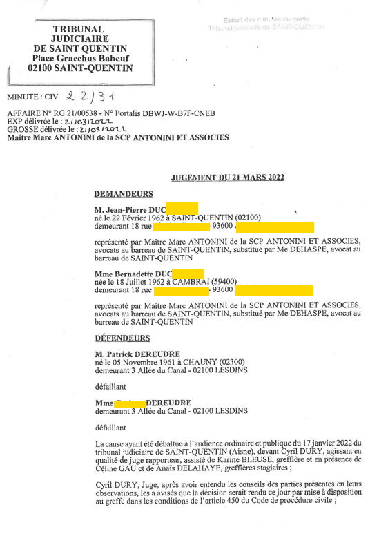 Signification d'un jugement rendu en premier ressort en notre absence SCANDALEUX FORFAITURE FAUX EN ECRITURES PUBLIQUES CORRUPTION Affaire mes Chers Voisins www.jesuispatrick.fr www.jesuisvictime.fr #Stop VENDETTA depuis Conflit intérêts avec Me MARGULES