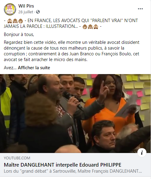 Facebook WIL PIRS Maître Wildfried PARIS AVOCAT DISSISENT Menacé de mort en FRANCE www.jesuispatrick.fr ALERTE ROUGE www.alerterouge-france.fr