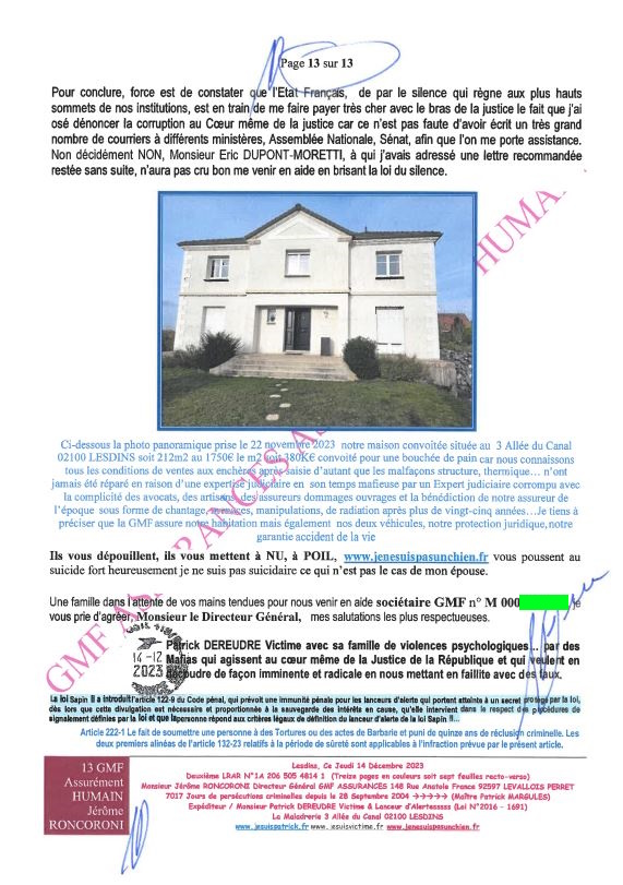 7d)NON ASSISTANCE A PERSONNES EN DANGER 13 sur 13 GMF ASSURANCES ASSURÉMENT HUMAIN !!! NON ASSISTANCE A PERSONNES EN DANGER Ma 2ème LRAR du 14 Décembre 2023 adressée en vain  à Monsieur Eric RONCORONI le Directeur Général de GMF ASSURANCES