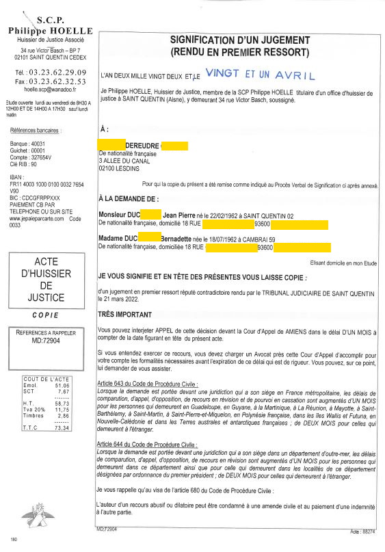 Signification d'un jugement rendu en premier ressort en notre absence SCANDALEUX FORFAITURE FAUX EN ECRITURES PUBLIQUES CORRUPTION Affaire mes Chers Voisins www.jesuispatrick.fr www.jesuisvictime.fr #Stop VENDETTA depuis Conflit intérêts avec Me MARGULES