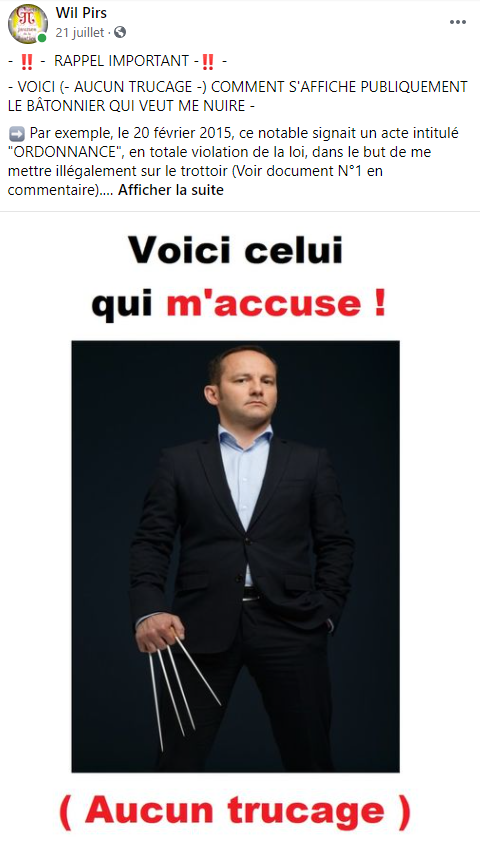 Facebook WIL PIRS Maître Wildfried PARIS AVOCAT DISSISENT Menacé de mort en FRANCE www.jesuispatrick.fr ALERTE ROUGE www.alerterouge-france.fr