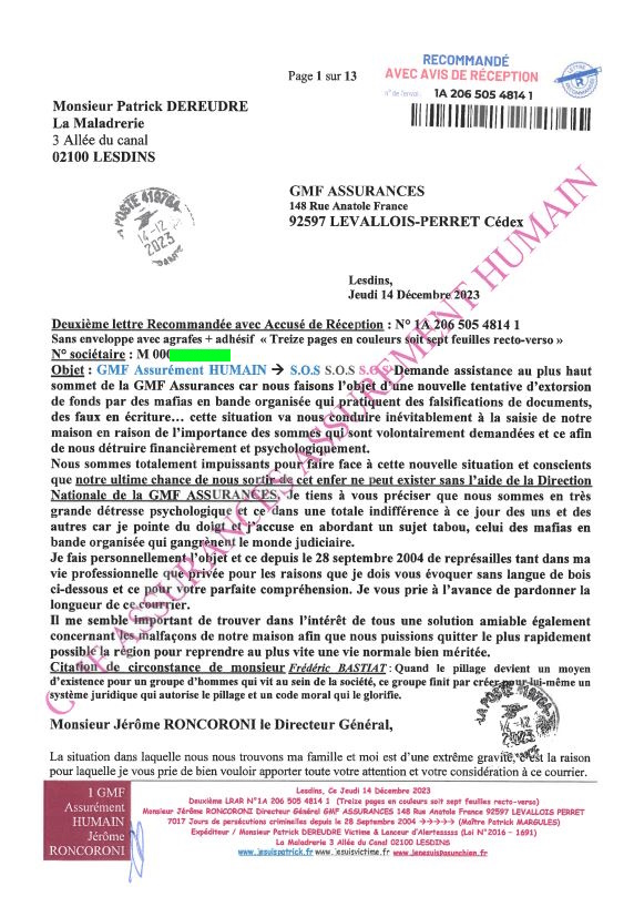 7d)NON ASSISTANCE A PERSONNES EN DANGER 1 sur 13 GMF ASSURANCES ASSURÉMENT HUMAIN !!! NON ASSISTANCE A PERSONNES EN DANGER Ma 2ème LRAR du 14 Décembre 2023 adressée en vain  à Monsieur Eric RONCORONI le Directeur Général de GMF ASSURANCES