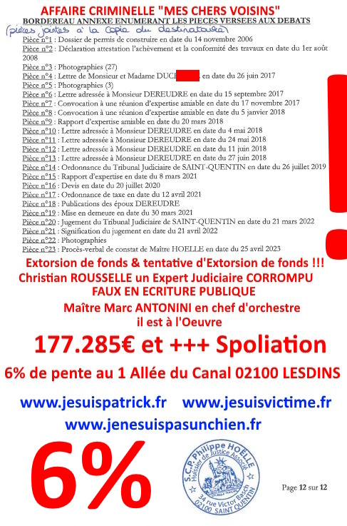 Pièce N°6c) Page 012sur134 AFFAIRE CRIMINELLE «MES CHERS VOISINS» SIGNIFICATION DE JUGEMENT, Violences, Extorsion de Fonds, Tentative Extorsion de Fonds, Maître Marc ANTONINI à l'œuvre et ce avec la bénédiction de nos Institutions www.jesuispatrick.fr