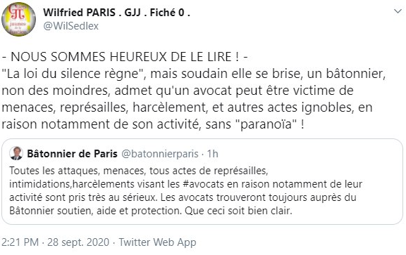 Facebook WIL PIRS Maître Wildfried PARIS AVOCAT DISSISENT Menacé de mort en FRANCE www.jesuispatrick.fr ALERTE ROUGE www.alerterouge-france.fr