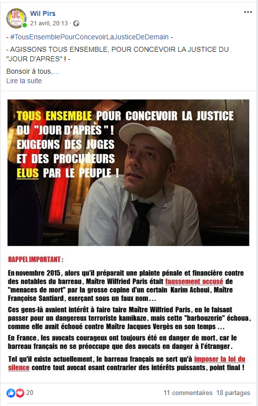 Facebook WIL PIRS Maître Wildfried PARIS AVOCAT DISSISENT Menacé de mort en FRANCE www.jesuispatrick.fr ALERTE ROUGE www.alerterouge-france.fr