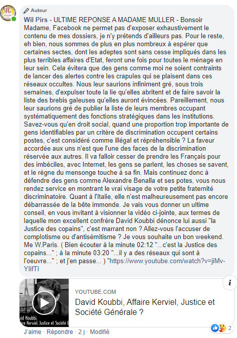 Facebook WIL PIRS Maître Wildfried PARIS AVOCAT DISSISENT Menacé de mort en FRANCE www.jesuispatrick.fr ALERTE ROUGE www.alerterouge-france.fr