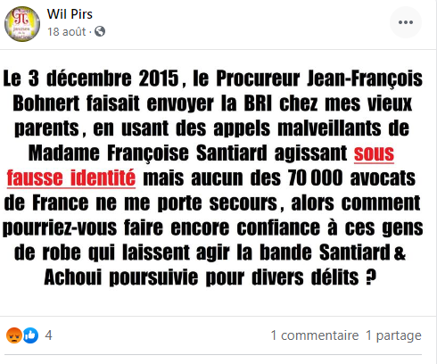 Facebook WIL PIRS Maître Wildfried PARIS AVOCAT DISSISENT Menacé de mort en FRANCE www.jesuispatrick.fr ALERTE ROUGE www.alerterouge-france.fr