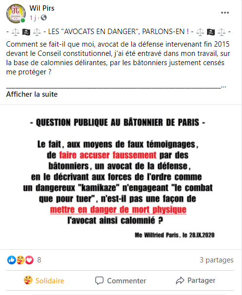 Facebook WIL PIRS Maître Wildfried PARIS AVOCAT DISSISENT Menacé de mort en FRANCE www.jesuispatrick.fr ALERTE ROUGE www.alerterouge-france.fr