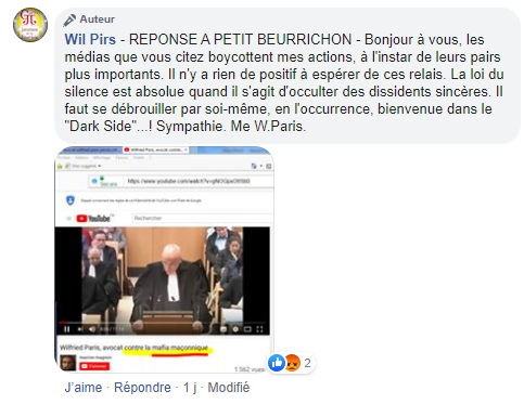 Facebook WIL PIRS Maître Wildfried PARIS AVOCAT DISSISENT Menacé de mort en FRANCE www.jesuispatrick.fr ALERTE ROUGE www.alerterouge-france.fr