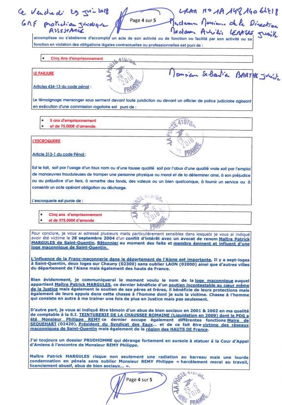 26h) Page 4 sur 5 GMF Mme Aurélie LEMAIRE & MR Sébastien BARTHE : AFFAIRE CRIMINELLE «MES CHERS VOISINS»  Violences, Falsification de documents, Extorsion de Fonds... et ce avec la bénédiction de nos Institutions, www.jesuispatrick.fr