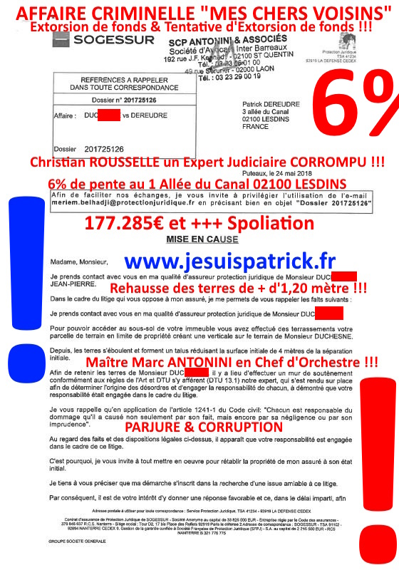 Pièce N°6c) Page 059sur134 AFFAIRE CRIMINELLE «MES CHERS VOISINS» SIGNIFICATION DE JUGEMENT, Violences, Extorsion de Fonds, Tentative Extorsion de Fonds, Maître Marc ANTONINI à l'œuvre et ce avec la bénédiction de nos Institutions www.jesuispatrick.fr