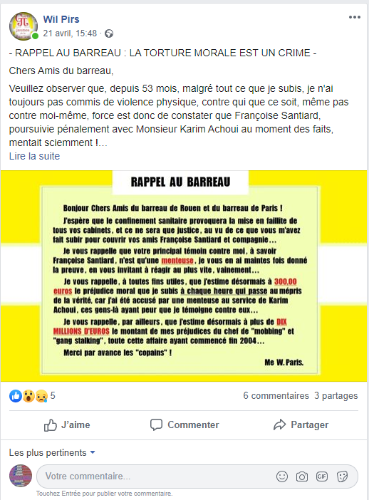 Facebook WIL PIRS Maître Wildfried PARIS AVOCAT DISSISENT Menacé de mort en FRANCE www.jesuispatrick.fr ALERTE ROUGE www.alerterouge-france.fr