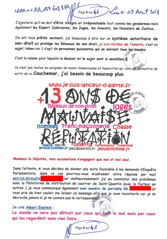 Ma lettre recommandée du 02 Octobre 2018 N° 1A 143 316 6265 3  adressée à Madame Barbara POMPILI Députée de la Somme NON ASSISTANCE A PERSONNE EN DANGER www.jesuispatrick.fr www.jesuisvictime.fr www.jenesuispasunchien.fr