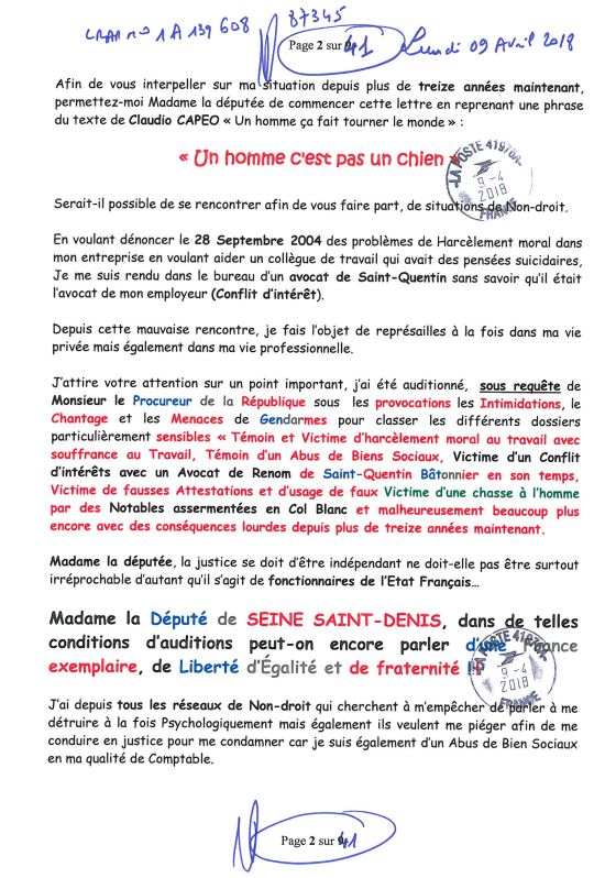 Ma lettre recommandée du 02 Octobre 2018 N° 1A 143 316 6265 3  adressée à Madame Barbara POMPILI Députée de la Somme NON ASSISTANCE A PERSONNE EN DANGER www.jesuispatrick.fr www.jesuisvictime.fr www.jenesuispasunchien.fr