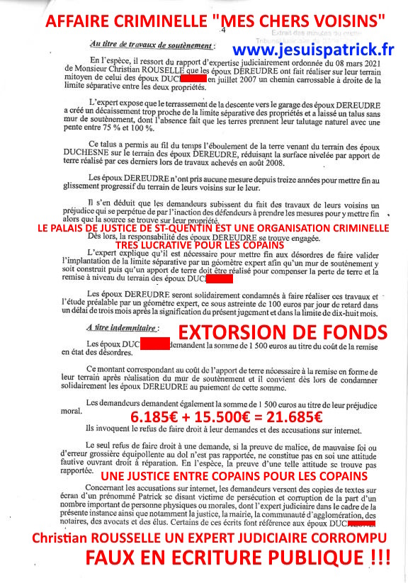 Pièce N°5b) Page 5 sur 7 AFFAIRE CRIMINELLE «MES CHERS VOISINS» SIGNIFICATION DE JUGEMENT, Violences, Extorsion de Fonds, Tentative Extorsion de Fonds, Maître Marc ANTONINI à l'œuvre et ce avec la bénédiction de nos Institutions www.jesuispatrick.fr