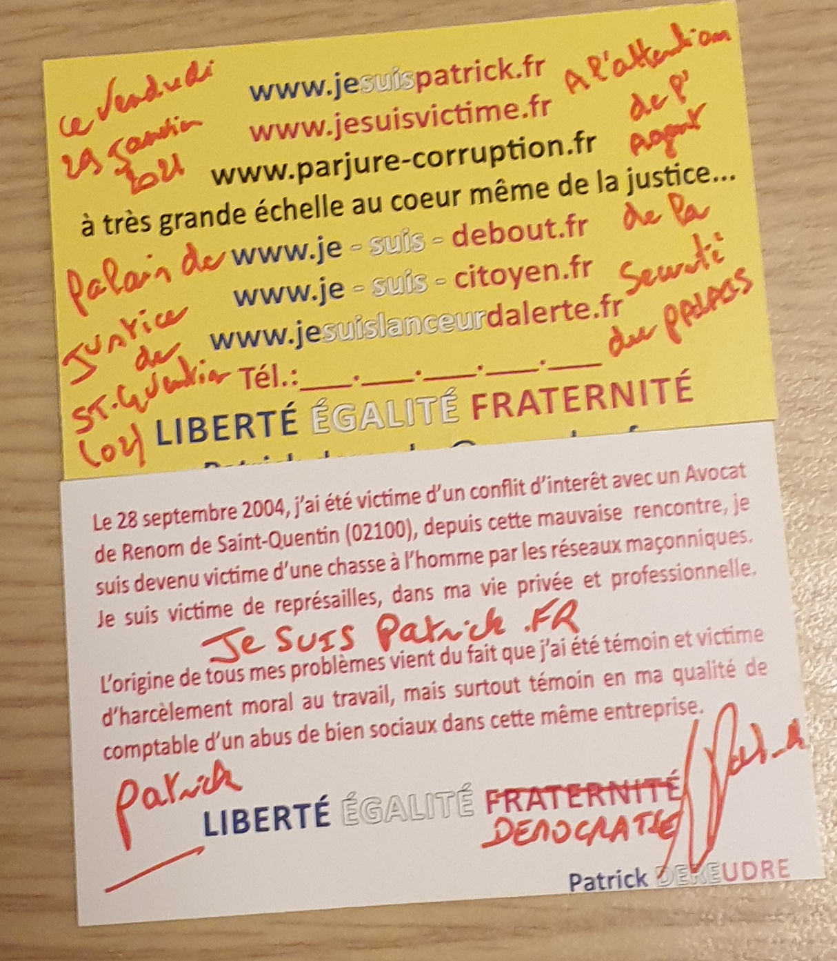 Le 29 Janvier 2021 je me présente à l'accueil afin de récupérer le document de décision prud'hommes je laisse ma carte de visite à l'accueil et à l'un des Agents de sécurité afin de prendre date www.jesuispatrick.fr