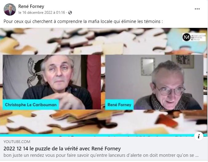 Monsieur René FORNEY Victime d'une tentative d'assassinat le Samedi 12 Novembre 2022 vers 15h50 sur le pont de CATANE côté SEYSSINET (38170). Il accuse les Milieux de la Corruption dans les Institutions du CARTEL GRENOBLOIS  (Justice, Police, Immobilier) 