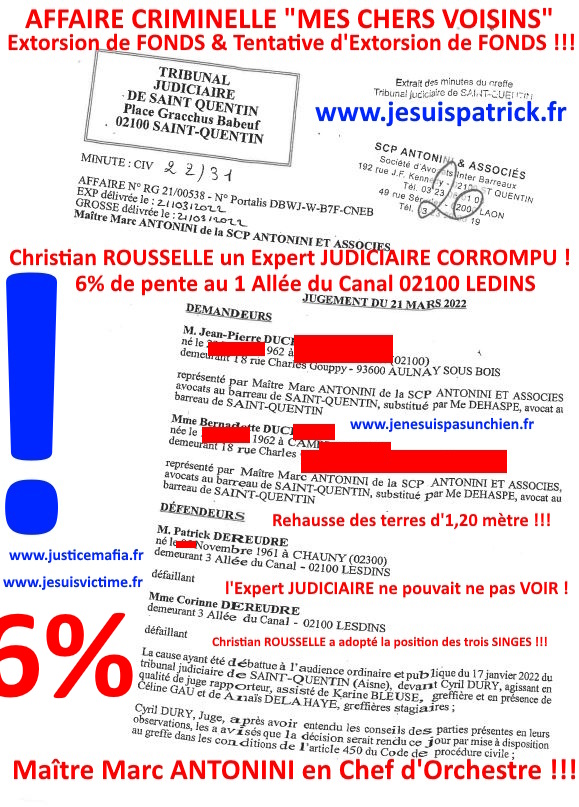 Pièce N°6c) Page 101sur134 AFFAIRE CRIMINELLE «MES CHERS VOISINS» SIGNIFICATION DE JUGEMENT, Violences, Extorsion de Fonds, Tentative Extorsion de Fonds, Maître Marc ANTONINI à l'œuvre et ce avec la bénédiction de nos Institutions www.jesuispatrick.fr