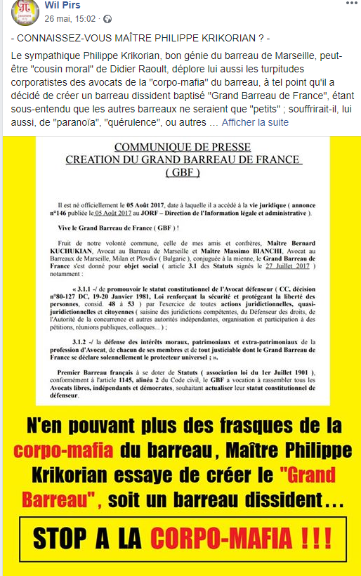 Facebook WIL PIRS Maître Wildfried PARIS AVOCAT DISSISENT Menacé de mort en FRANCE www.jesuispatrick.fr ALERTE ROUGE www.alerterouge-france.fr