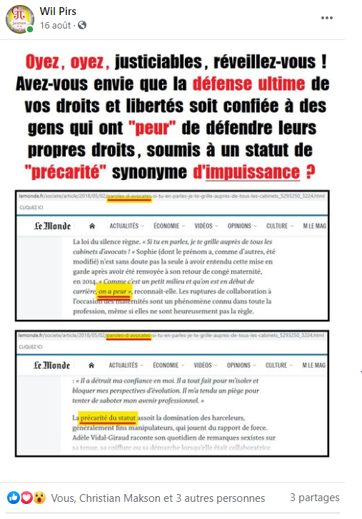 Facebook WIL PIRS Maître Wildfried PARIS AVOCAT DISSISENT Menacé de mort en FRANCE www.jesuispatrick.fr ALERTE ROUGE www.alerterouge-france.fr