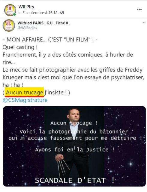 Facebook WIL PIRS Maître Wildfried PARIS AVOCAT DISSISENT Menacé de mort en FRANCE www.jesuispatrick.fr ALERTE ROUGE www.alerterouge-france.fr