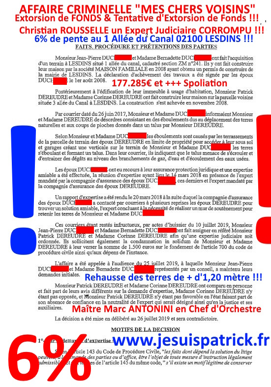 Pièce N°6c) Page 066sur134 AFFAIRE CRIMINELLE «MES CHERS VOISINS» SIGNIFICATION DE JUGEMENT, Violences, Extorsion de Fonds, Tentative Extorsion de Fonds, Maître Marc ANTONINI à l'œuvre et ce avec la bénédiction de nos Institutions www.jesuispatrick.fr