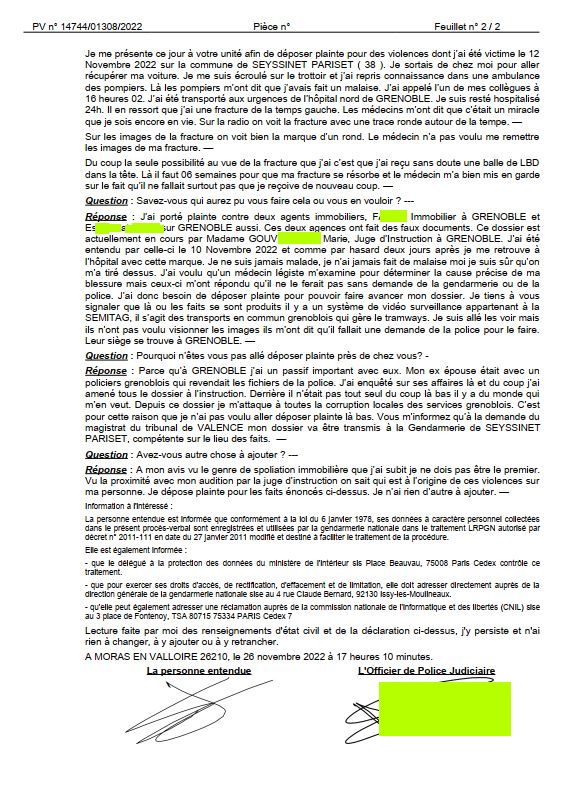 Monsieur René FORNEY Victime d'une tentative d'assassinat le Samedi 12 Novembre 2022 vers 15h50 sur le pont de CATANE côté SEYSSINET (38170). Il accuse les Milieux de la Corruption dans les Institutions du CARTEL GRENOBLOIS  (Justice, Police, Immobilier) 