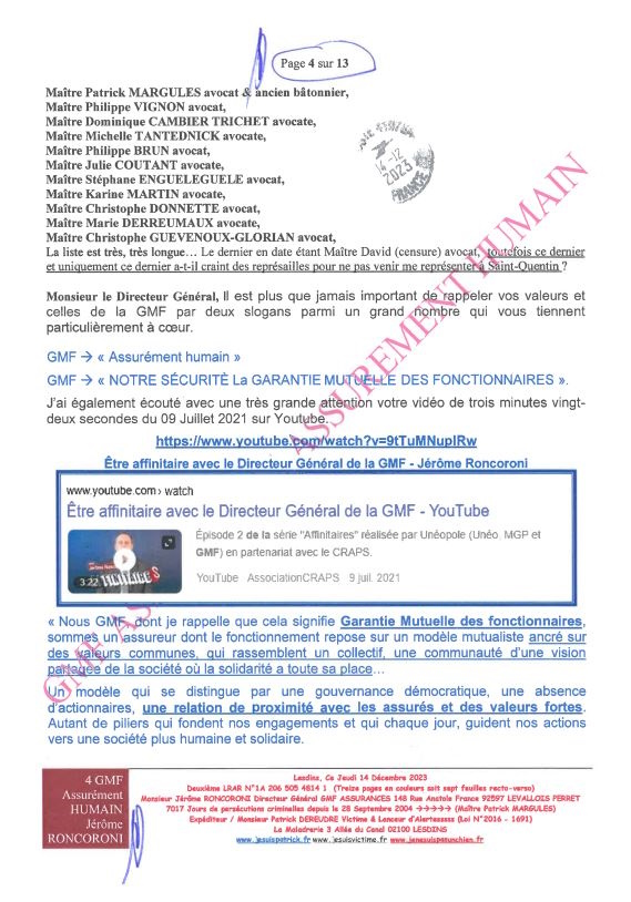 7d)NON ASSISTANCE A PERSONNES EN DANGER 4 sur 13 GMF ASSURANCES ASSURÉMENT HUMAIN !!! NON ASSISTANCE A PERSONNES EN DANGER Ma 2ème LRAR du 14 Décembre 2023 adressée en vain  à Monsieur Eric RONCORONI le Directeur Général de GMF ASSURANCES