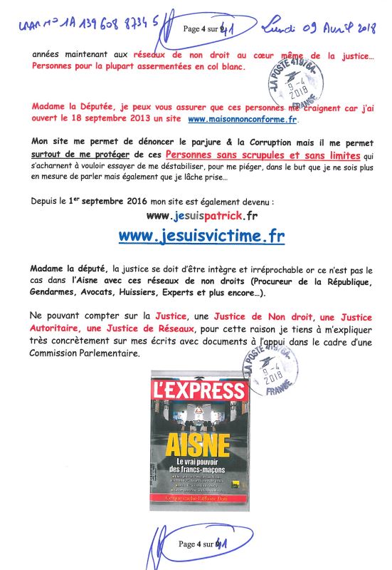 Ma lettre recommandée du 02 Octobre 2018 N° 1A 143 316 6265 3  adressée à Madame Barbara POMPILI Députée de la Somme NON ASSISTANCE A PERSONNE EN DANGER www.jesuispatrick.fr www.jesuisvictime.fr www.jenesuispasunchien.fr