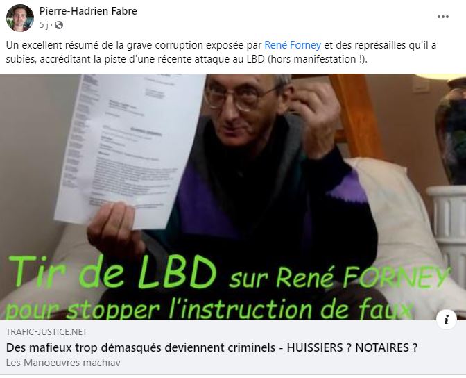 Monsieur René FORNEY Victime d'une tentative d'assassinat le Samedi 12 Novembre 2022 vers 15h50 sur le pont de CATANE côté SEYSSINET (38170). Il accuse les Milieux de la Corruption dans les Institutions du CARTEL GRENOBLOIS  (Justice, Police, Immobilier) 