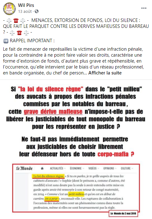 Facebook WIL PIRS Maître Wildfried PARIS AVOCAT DISSISENT Menacé de mort en FRANCE www.jesuispatrick.fr ALERTE ROUGE www.alerterouge-france.fr