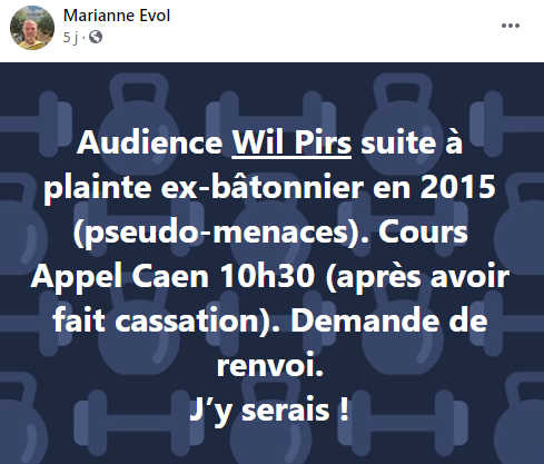 Facebook WIL PIRS Maître Wildfried PARIS AVOCAT DISSISENT Menacé de mort en FRANCE www.jesuispatrick.fr ALERTE ROUGE www.alerterouge-france.fr