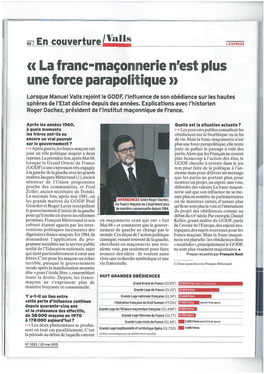 L'EXPRESS N°3333 du 20 au 26 mai 2015 Un Franc-Maçon nommé VALLS Page 50   voir site www.maisonnonconforme.fr