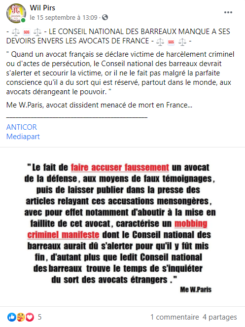 Facebook WIL PIRS Maître Wildfried PARIS AVOCAT DISSISENT Menacé de mort en FRANCE www.jesuispatrick.fr ALERTE ROUGE www.alerterouge-france.fr